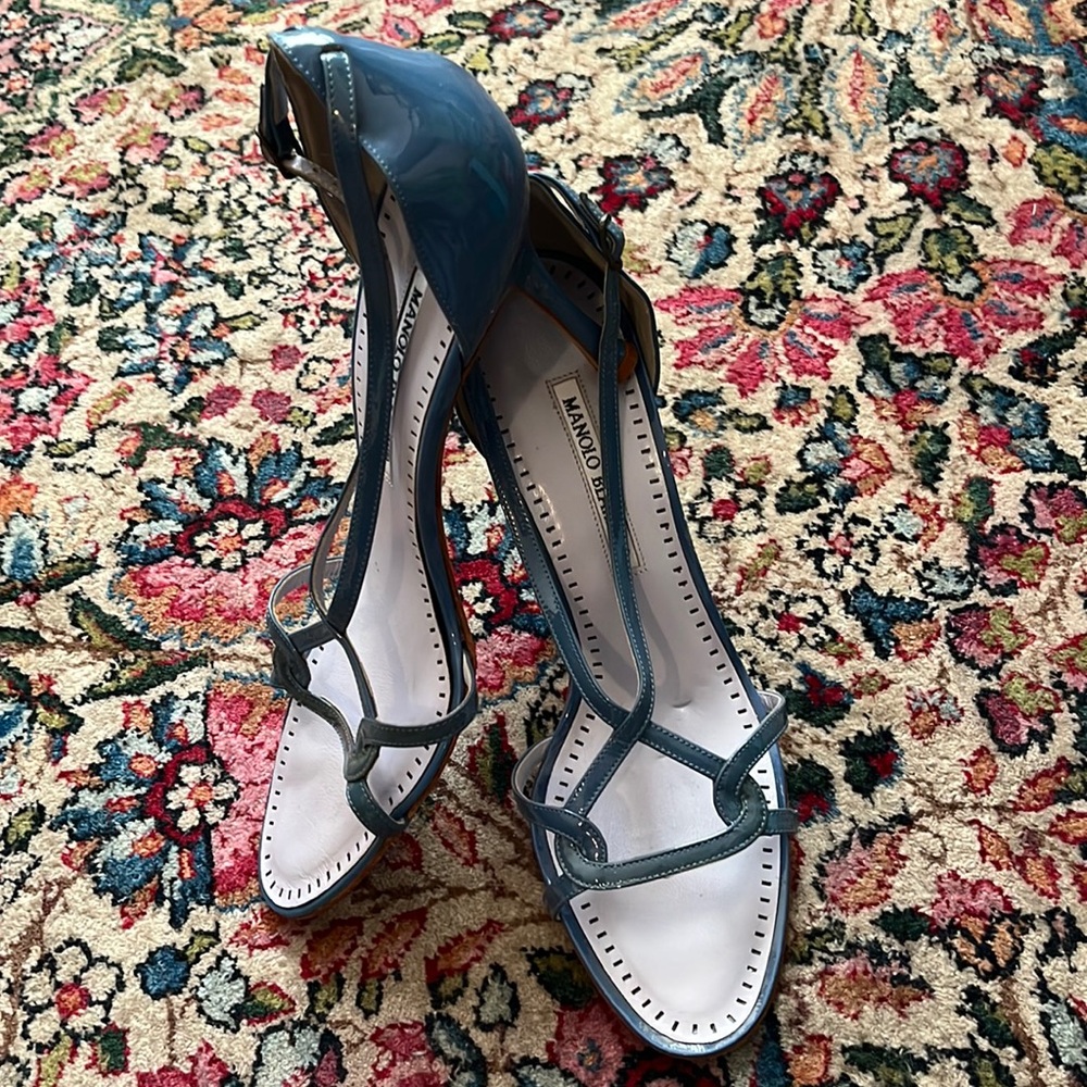 MANOLO BLAHNIK Strappy Blue Patent Heels